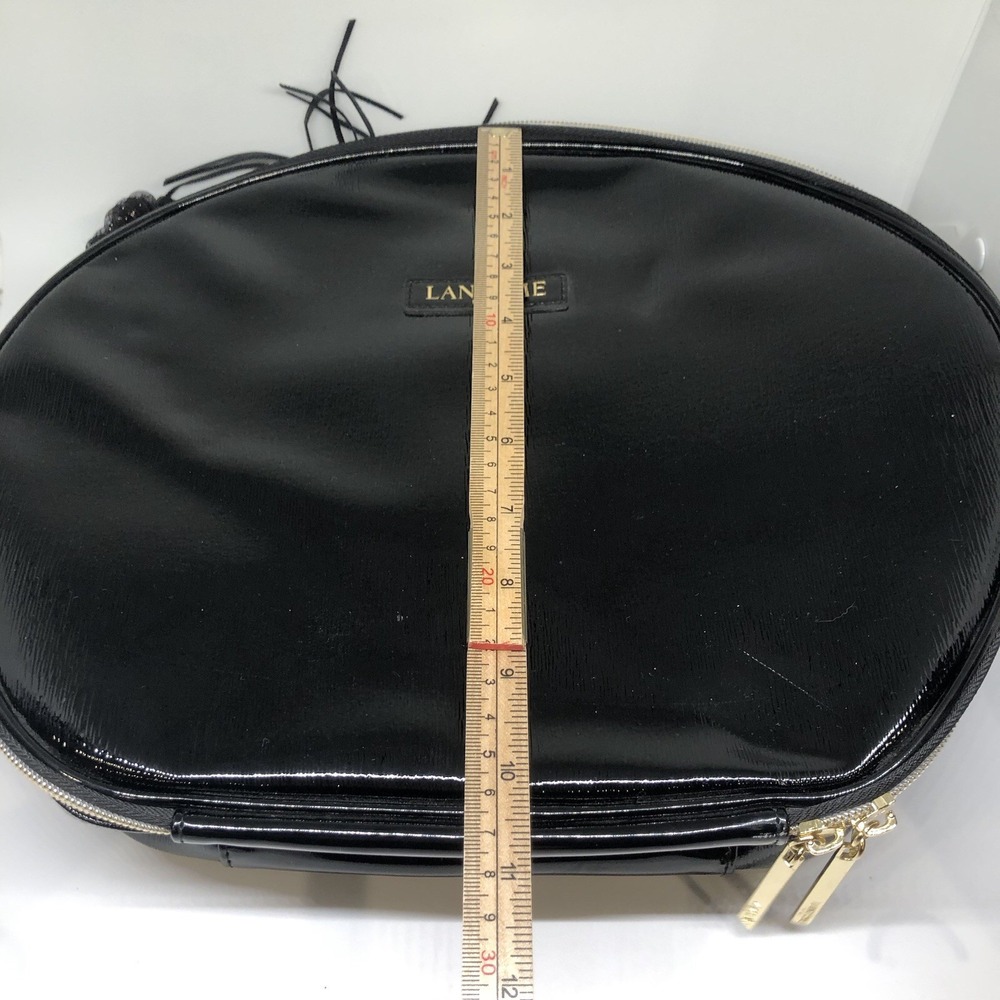 Lancome Large Shiny Black Oval Train Case Cosmetic Bag Gold Zipper Tassel Handle - Picture 11 of 12